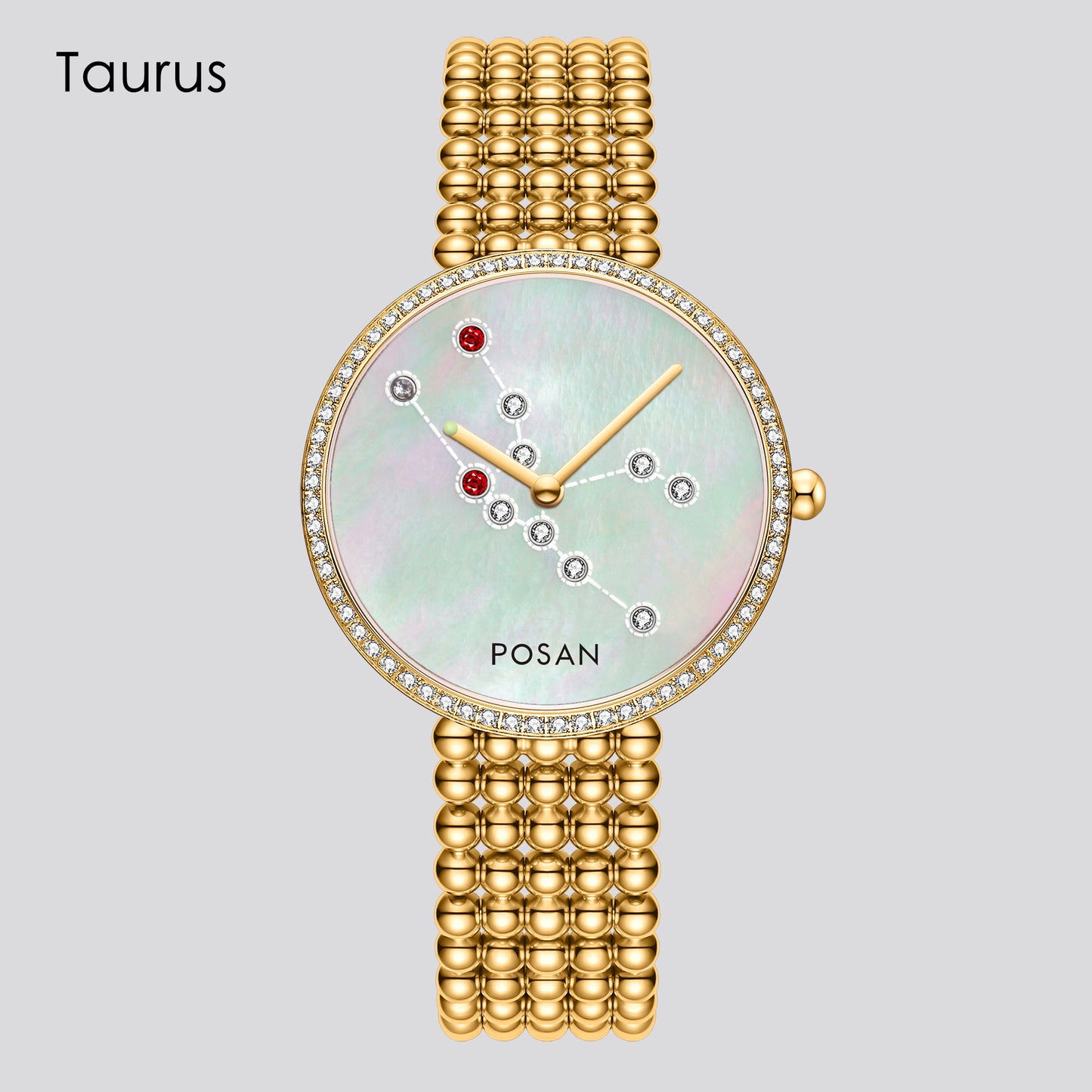 POSAN Watch PSW-001C GOLD Classic Zodiac Quartz Watch with Pearl Shell Dial, Gem-Set Constellations & Stainless Steel Bead Bracelet