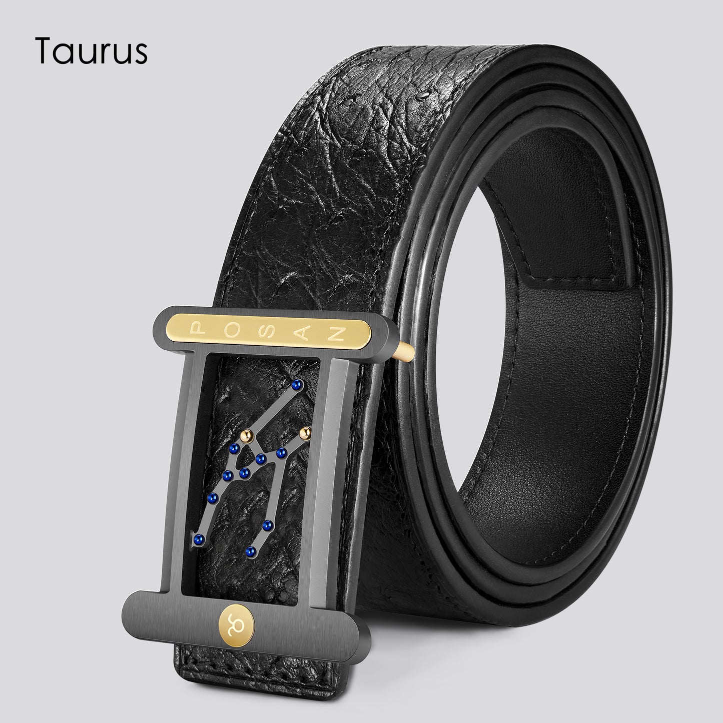 POSAN Belt PSB-001 Ostrich Leather Zodiac Plate Buckle Belt with Titanium & Black-Gold Electroplated Finish