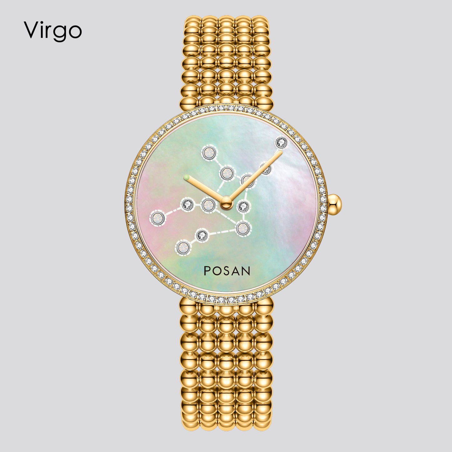 POSAN Watch PSW-001C GOLD Classic Zodiac Quartz Watch with Pearl Shell Dial, Gem-Set Constellations & Stainless Steel Bead Bracelet