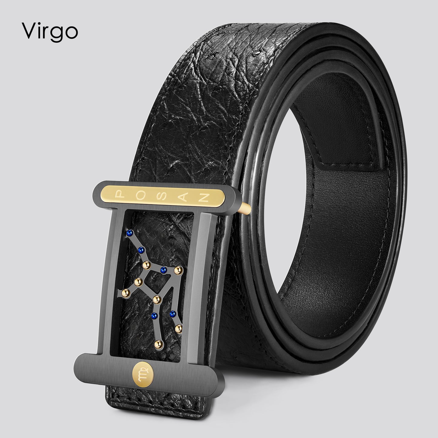 POSAN Belt PSB-001 Ostrich Leather Zodiac Plate Buckle Belt with Titanium & Black-Gold Electroplated Finish