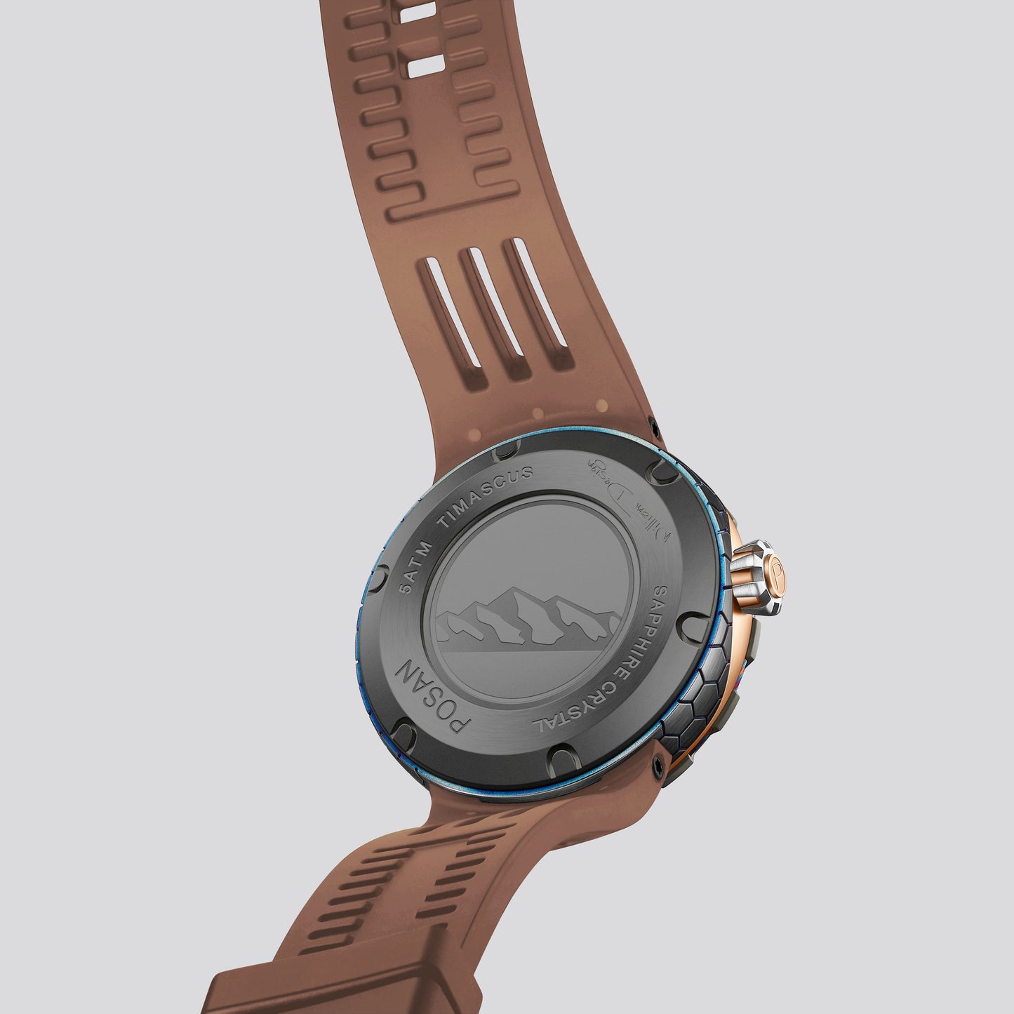 POSAN Watch PSW-001 COFFE Gradient Damascus Titanium Watch Timascus Anodized Color Finish with Skeleton Dial & Screw-down Crown