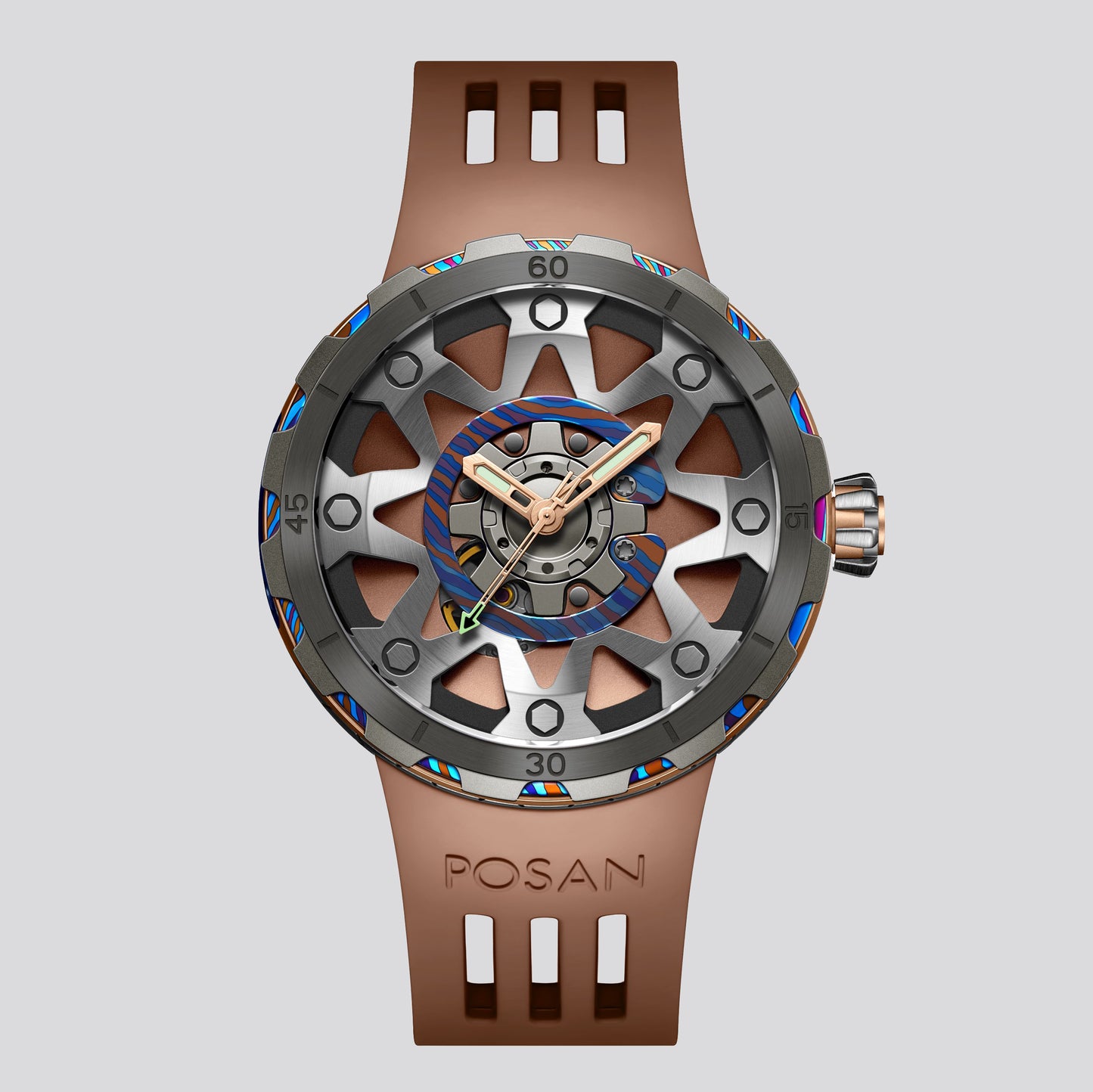 POSAN Watch PSW-001 GOLD Gradient Damascus Titanium Watch Timascus Anodized Color Finish with Skeleton Dial & Screw-down Crown