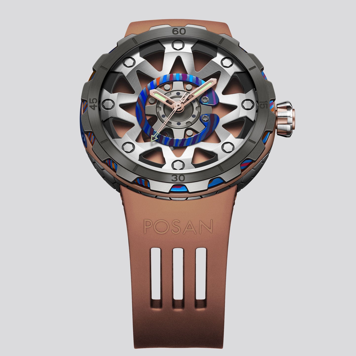 POSAN Watch PSW-001 COFFE Gradient Damascus Titanium Watch Timascus Anodized Color Finish with Skeleton Dial & Screw-down Crown