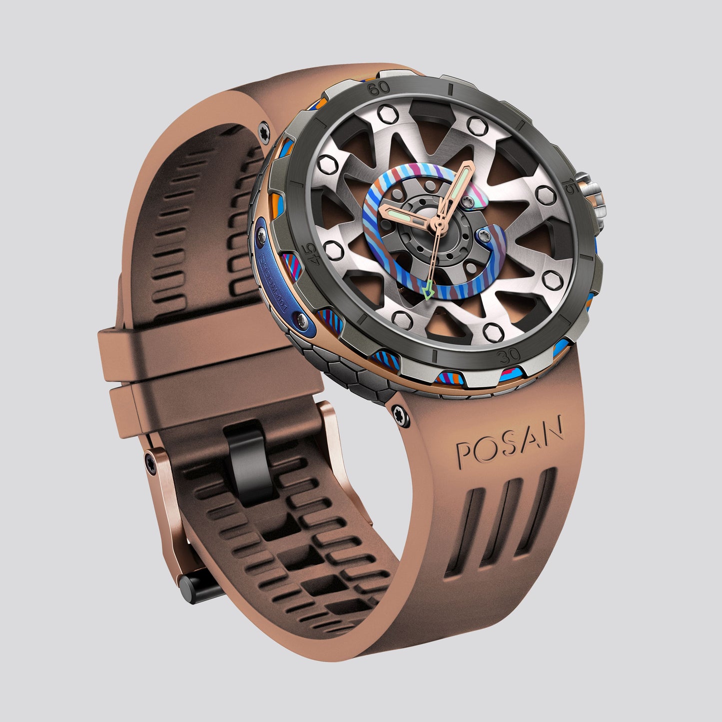 POSAN Watch PSW-001 COFFE Gradient Damascus Titanium Watch Timascus Anodized Color Finish with Skeleton Dial & Screw-down Crown