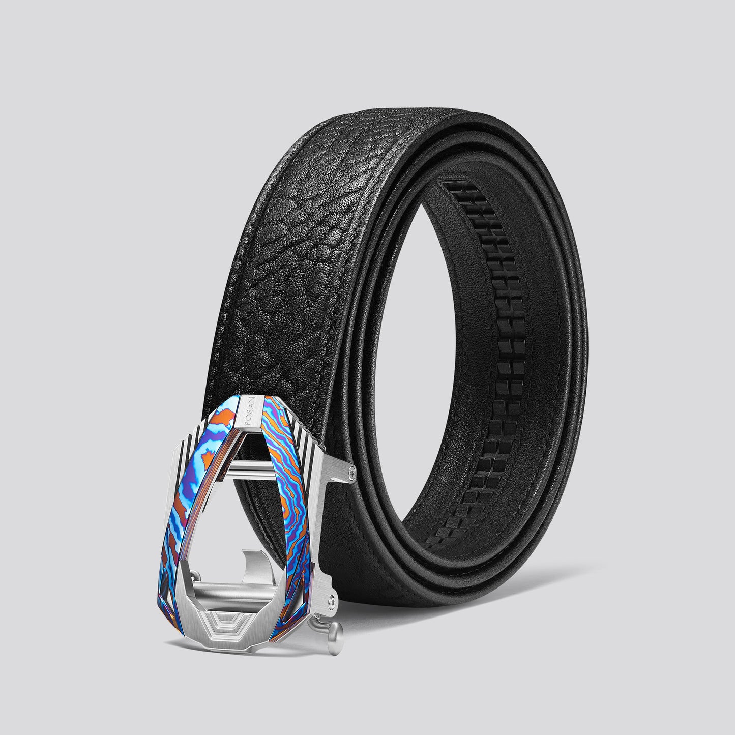 POSAN Belt PSB-003 Wild Cowhide Damascus Titanium Ratchet Buckle Belt with Rainbow Anodized Finish
