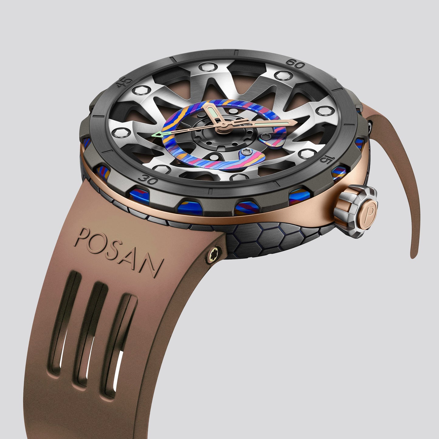 POSAN Watch PSW-001 COFFE Gradient Damascus Titanium Watch Timascus Anodized Color Finish with Skeleton Dial & Screw-down Crown