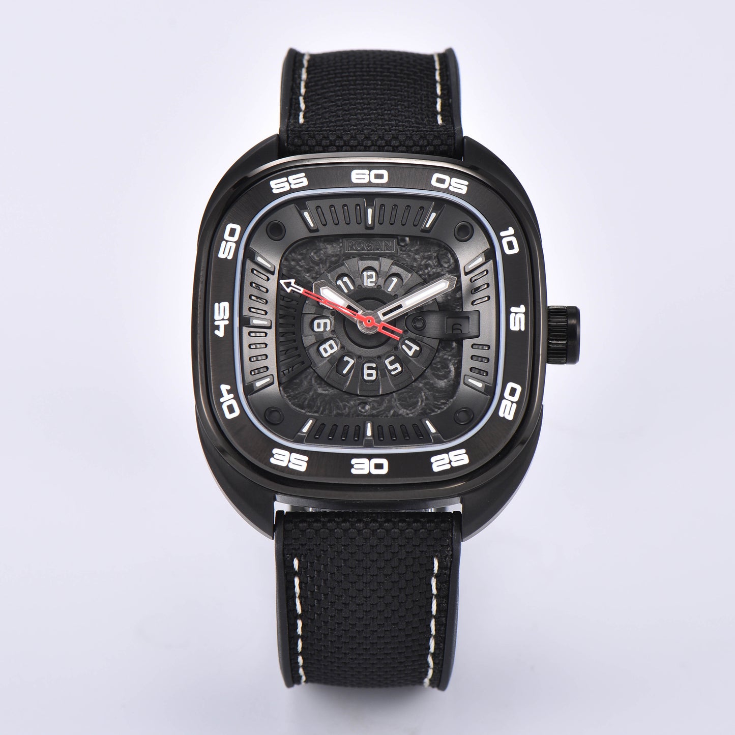POSAN Automatic Watch PSW-008G Teal Square-Shaped Titanium Watch with Spherical Sapphire Crystal & Open-Heart SW200 Movement