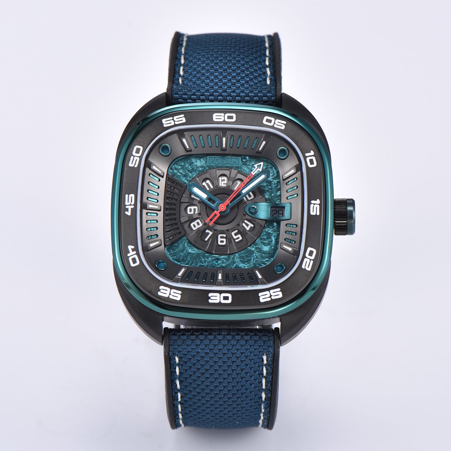 POSAN Automatic Watch PSW-008G Black Square-Shaped Titanium Watch with Spherical Sapphire Crystal & Open-Heart SW200 Movement