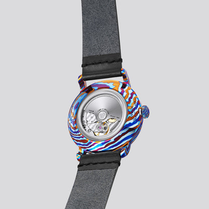 POSAN Watch PSW-002G Open-Heart Gradient Damascus Titanium Watch Timascus Case with Blue Dial & Leather Strap