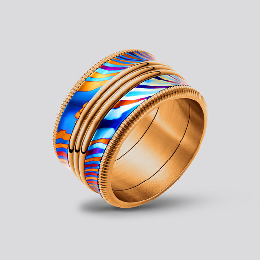 POSAN Ring PSR-002 （copper color）3D Triple-Band Damascus Titanium Ring Handcrafted Timascus with IPH Rainbow Finish and Titanium Core