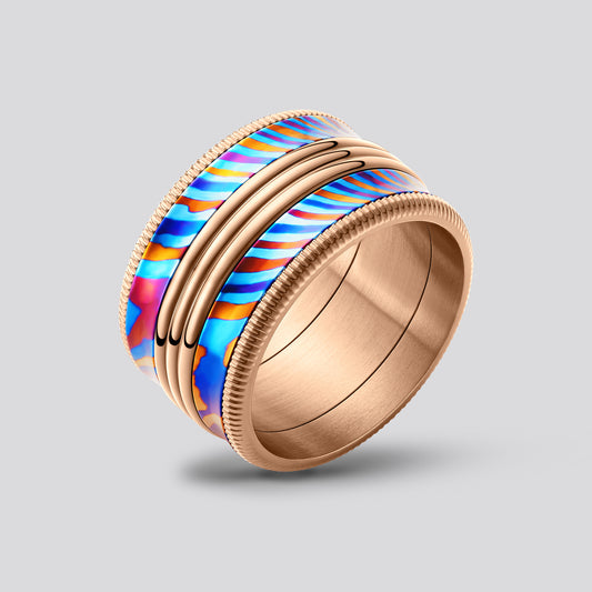 POSAN Ring PSR-002 （rose gold color）3D Triple-Band Damascus Titanium Ring Handcrafted Timascus with IPH Rainbow Finish and Titanium Core