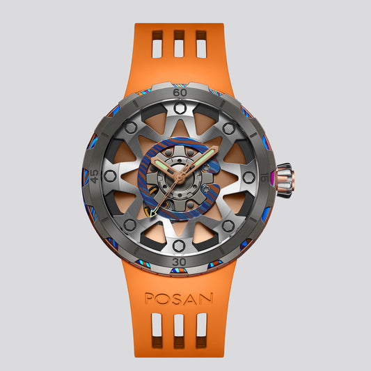 POSAN Watch PSW-001 ROSE Gradient Damascus Titanium Watch Timascus Anodized Color Finish with Skeleton Dial & Screw-down Crown