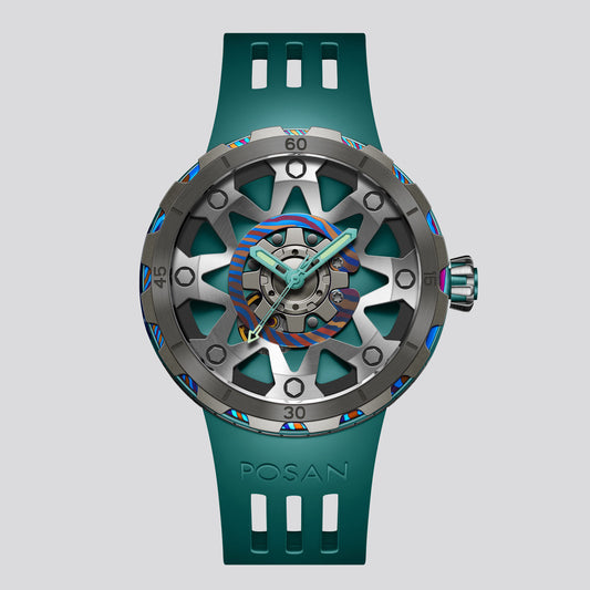 POSAN Watch PSW-001 GREEN Gradient Damascus Titanium Watch Timascus Anodized Color Finish with Skeleton Dial & Screw-down Crown