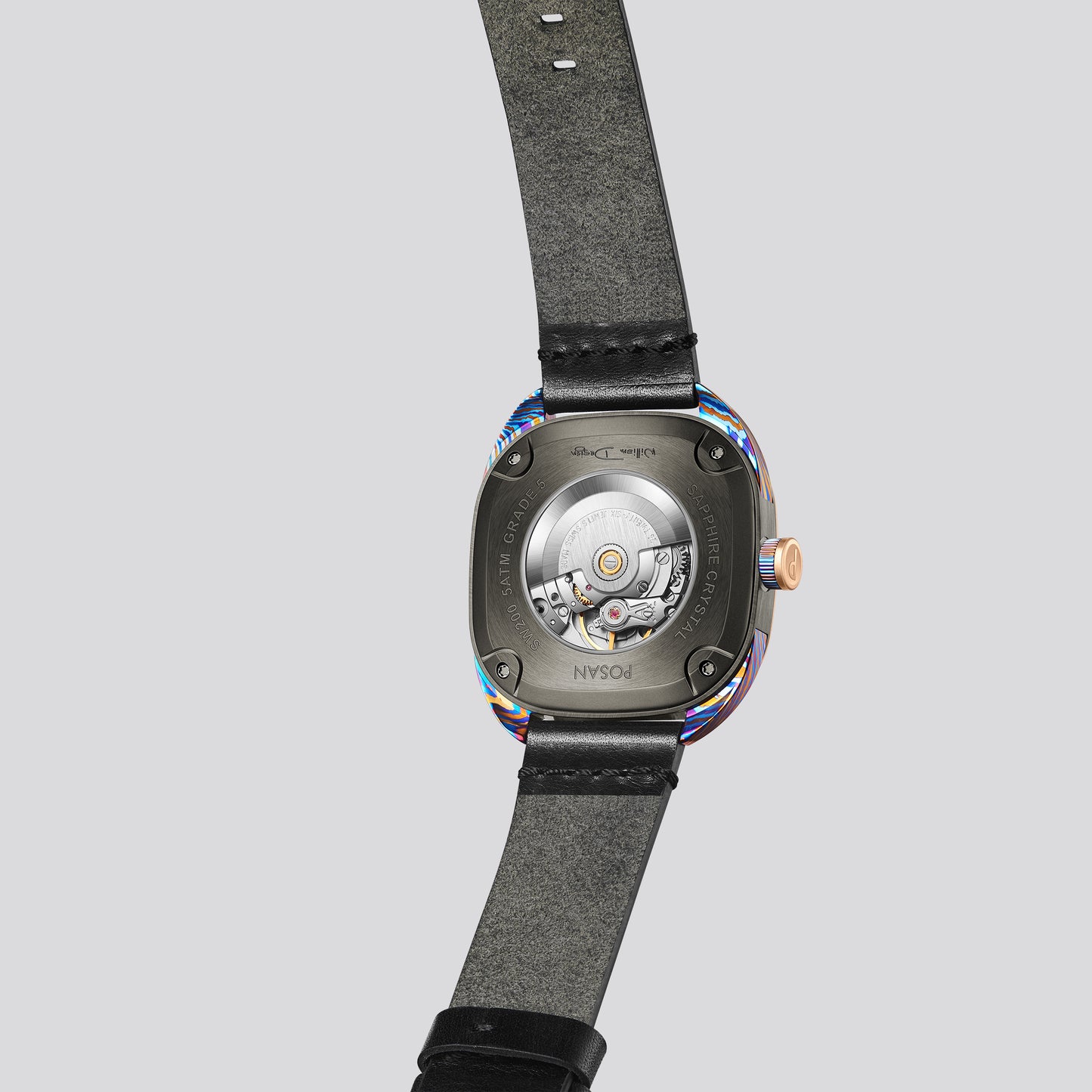 POSAN Watch PSW-008G Barrel-Shaped Damascus Titanium Watch with Spherical Sapphire Crystal & Open-Heart SW200 Movement