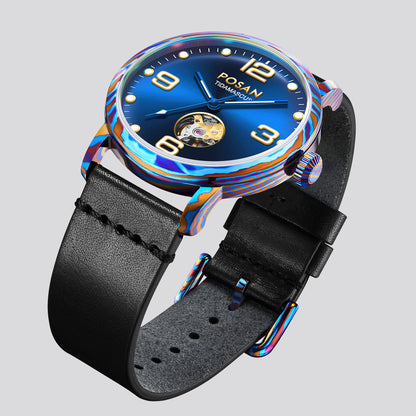 POSAN Watch PSW-002G Open-Heart Gradient Damascus Titanium Watch Timascus Case with Blue Dial & Leather Strap