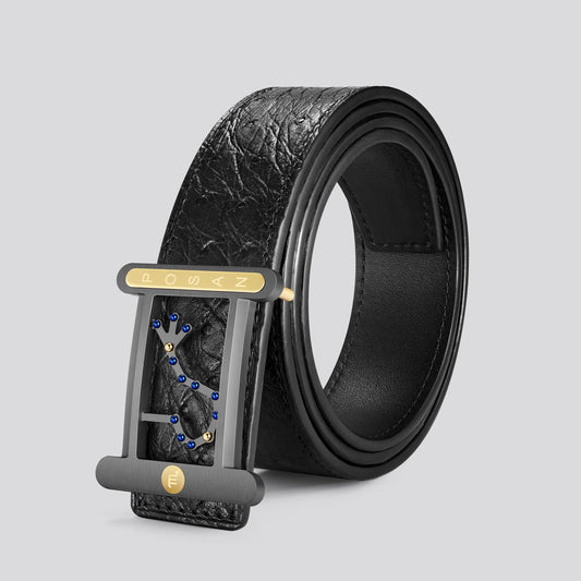 POSAN Belt PSB-001 Ostrich Leather Zodiac Plate Buckle Belt with Titanium & Black-Gold Electroplated Finish