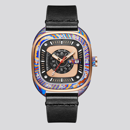 POSAN Watch PSW-008G Barrel-Shaped Damascus Titanium Watch with Spherical Sapphire Crystal & Open-Heart SW200 Movement
