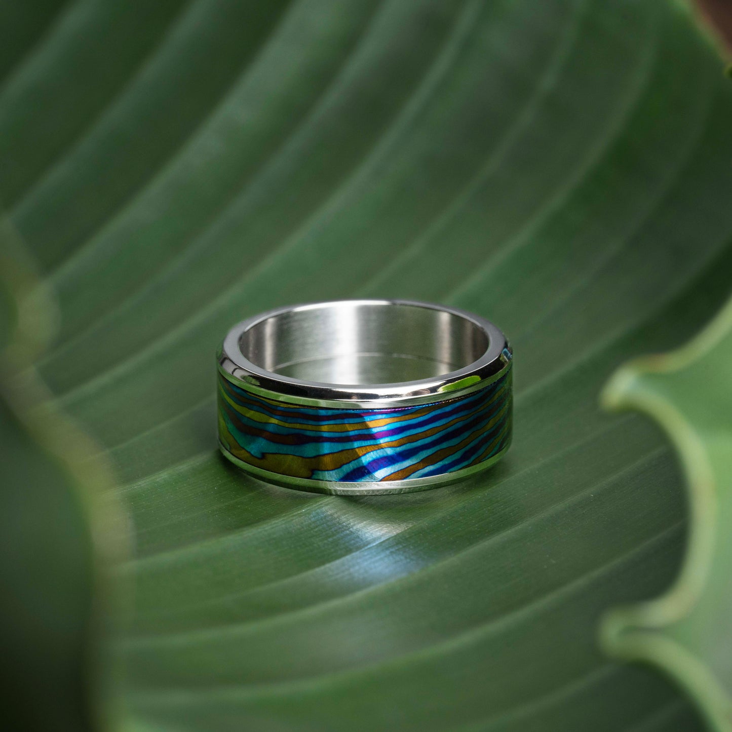 POSAN Ring PSR-001(rose gold color)Gradient Damascus Titanium Ring Timascus Handcrafted Rainbow IPH Technology with Brushed Titanium Core