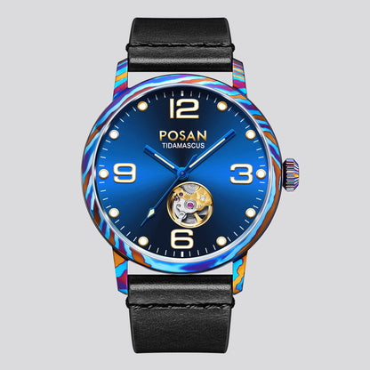 POSAN Watch PSW-002G Open-Heart Gradient Damascus Titanium Watch Timascus Case with Blue Dial & Leather Strap