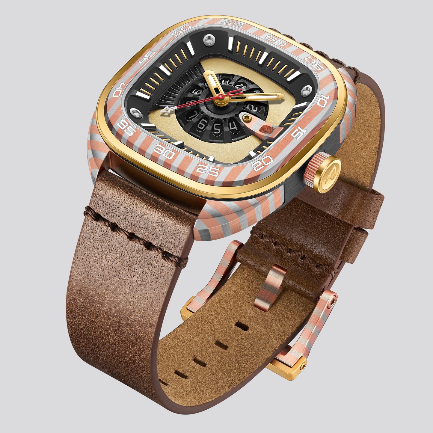 POSAN Watch PSW-008G Barrel-Shaped Damascus Titanium Watch with Spherical Sapphire Crystal & Open-Heart SW200 Movement