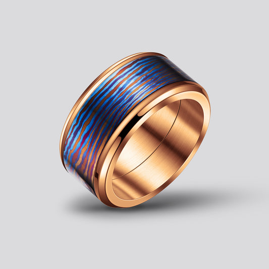 POSAN Ring PSR-001(rose gold color)Gradient Damascus Titanium Ring Timascus Handcrafted Rainbow IPH Technology with Brushed Titanium Core