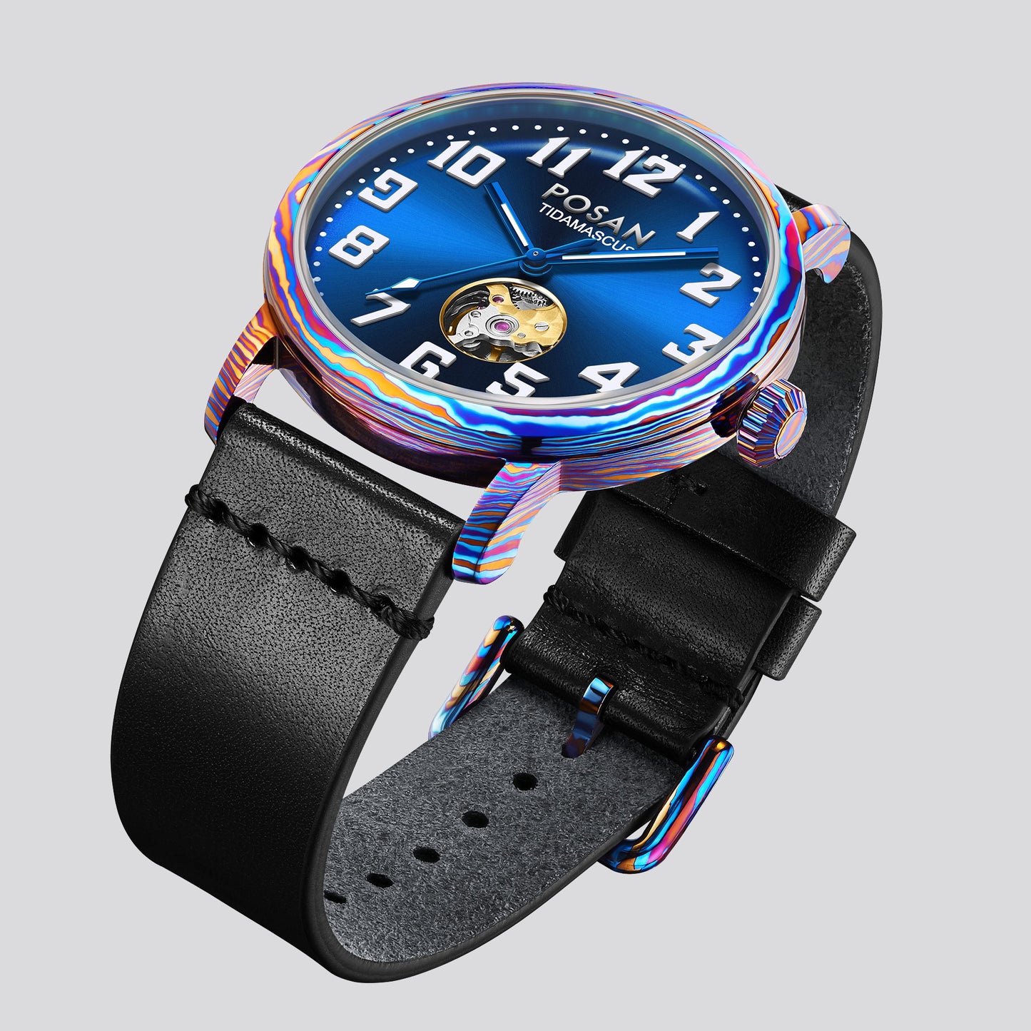 POSAN Watch PSW-002G Open-Heart Gradient Damascus Titanium Watch Timascus Case with Blue Dial & Leather Strap