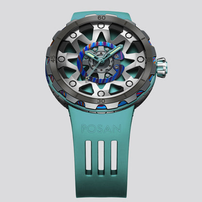 POSAN Watch PSW-001 GREEN Gradient Damascus Titanium Watch Timascus Anodized Color Finish with Skeleton Dial & Screw-down Crown