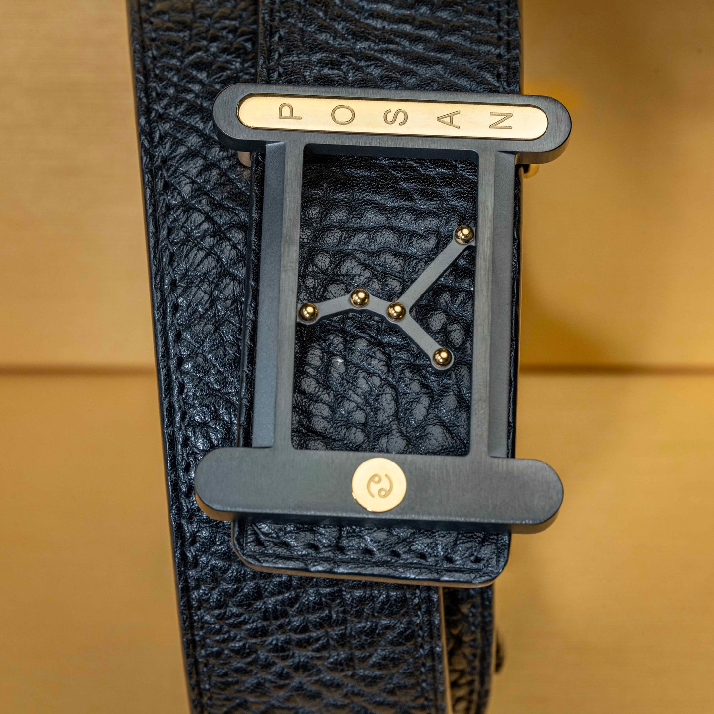 POSAN Belt PSB-001 Wild Cowhide Zodiac Plate Buckle Belt with Titanium & Black-Gold Electroplated Finish
