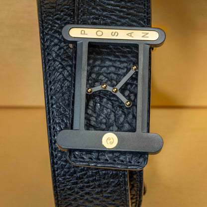 POSAN Belt PSB-001 Wild Cowhide Zodiac Plate Buckle Belt with Titanium & Black-Gold Electroplated Finish