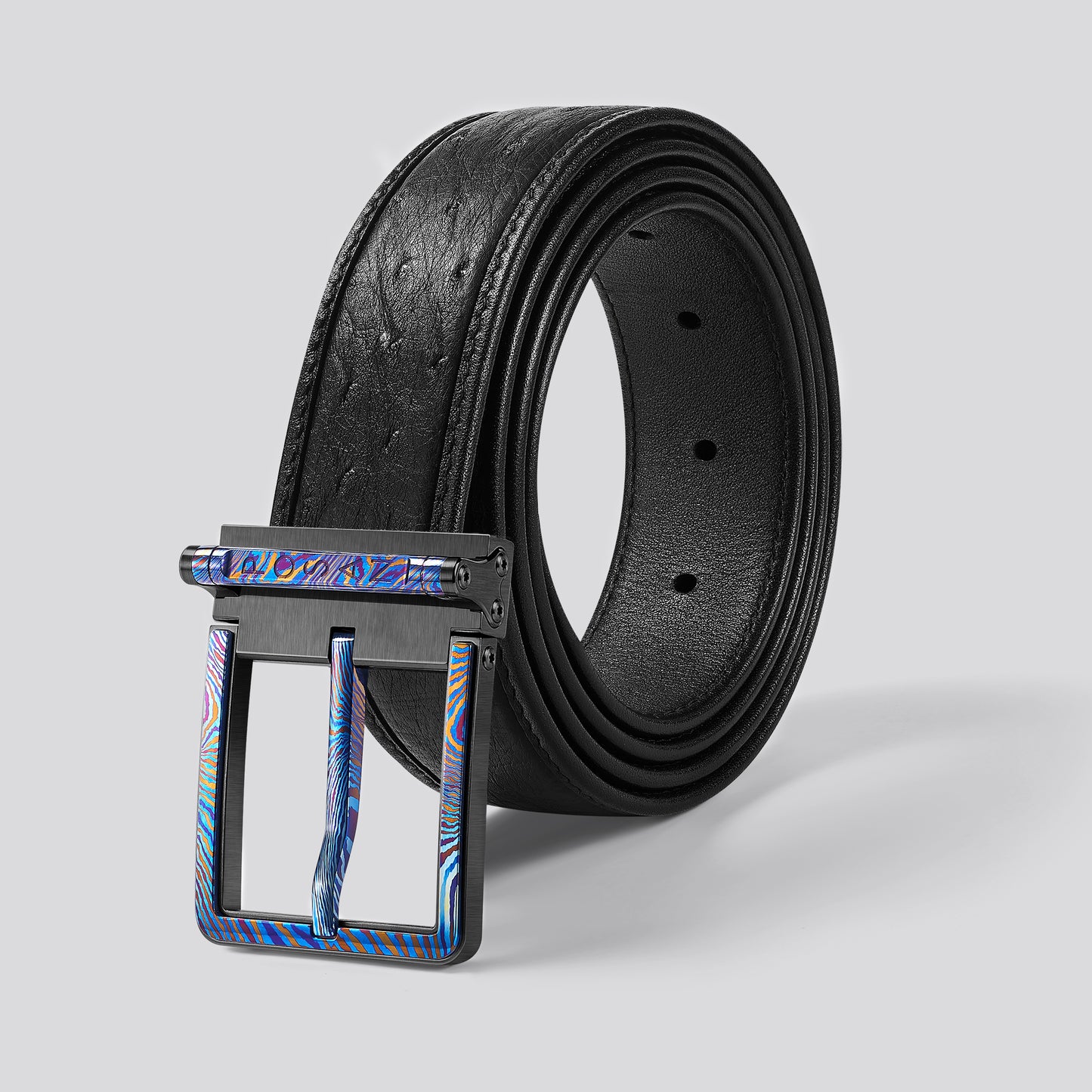 POSAN Belt PSB-002 Titanium Pin Buckle Belt with Ostrich Leather – Luxe Grain & Industrial Strength