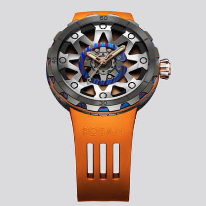 POSAN Watch PSW-001 ROSE Gradient Damascus Titanium Watch Timascus Anodized Color Finish with Skeleton Dial & Screw-down Crown
