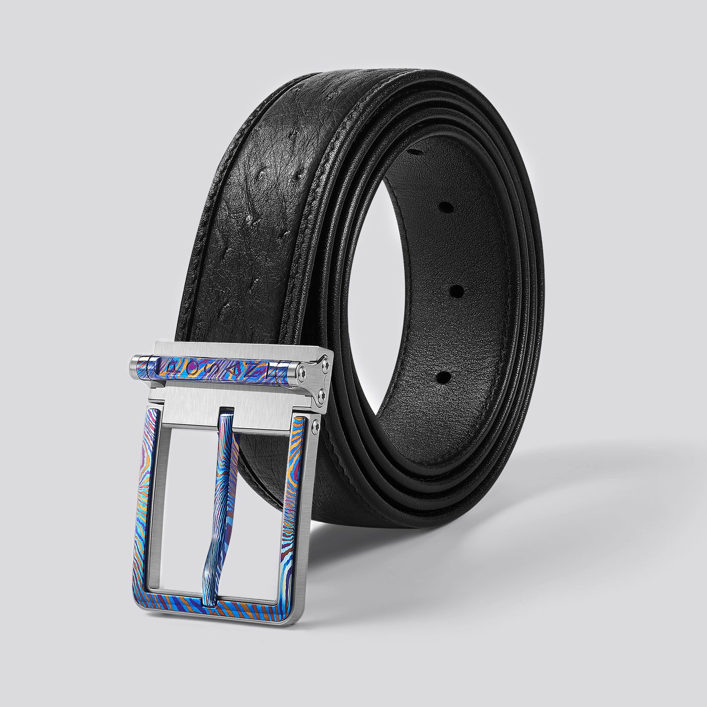 POSAN Belt PSB-002 Titanium Pin Buckle Belt with Ostrich Leather – Luxe Grain & Industrial Strength