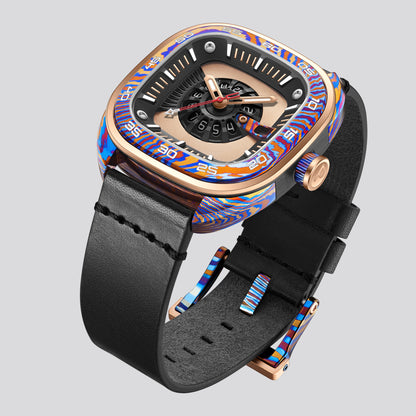 POSAN Watch PSW-008G Barrel-Shaped Damascus Titanium Watch with Spherical Sapphire Crystal & Open-Heart SW200 Movement