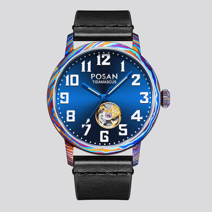 POSAN Watch PSW-002G Open-Heart Gradient Damascus Titanium Watch Timascus Case with Blue Dial & Leather Strap