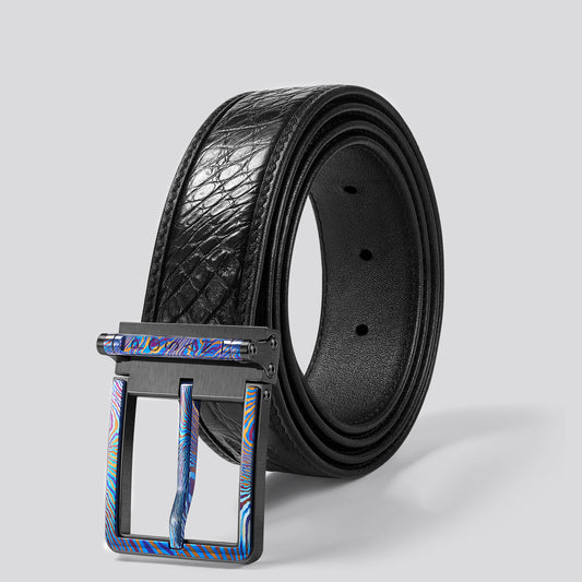 POSAN Belt PSB-002 Titanium Buckle Belt with Wild Cowhide – Bold Texture & Timascus Options