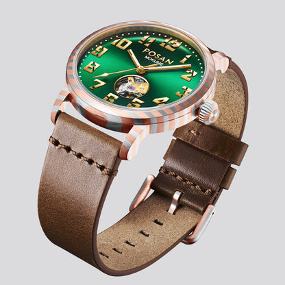 POSAN Watch PSW-002G Open-Heart Gradient Damascus Titanium Watch Timascus Case with Blue Dial & Leather Strap