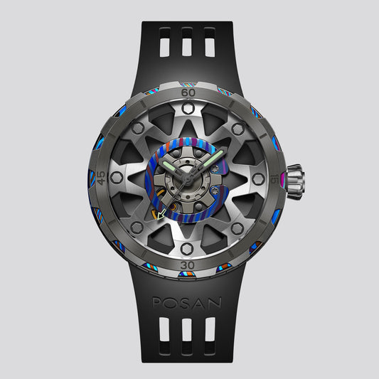 POSAN Watch PSW-001 BLACK Gradient Damascus Titanium Watch Timascus Anodized Color Finish with Skeleton Dial & Screw-down Crown