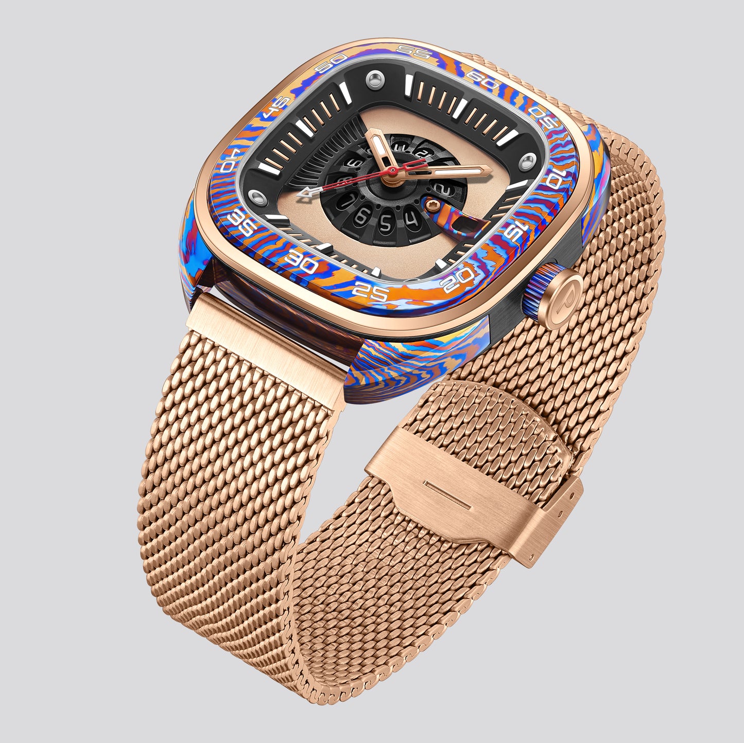 POSAN Watch PSW-008G Barrel-Shaped Damascus Titanium Watch with Spherical Sapphire Crystal & Open-Heart SW200 Movement