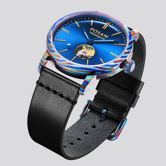 POSAN Watch PSW-002G Open-Heart Gradient Damascus Titanium Watch Timascus Case with Blue Dial & Leather Strap