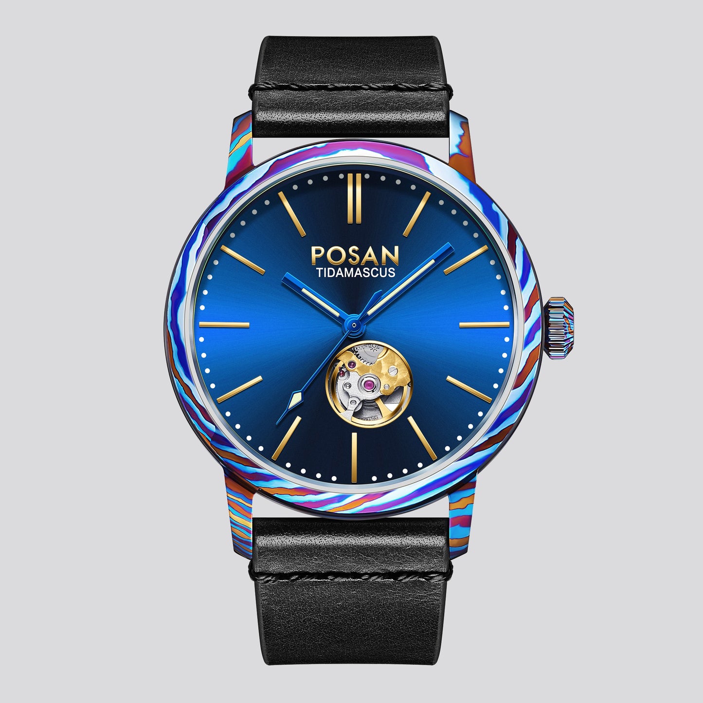 POSAN Watch PSW-002G Open-Heart Gradient Damascus Titanium Watch Timascus Case with Blue Dial & Leather Strap