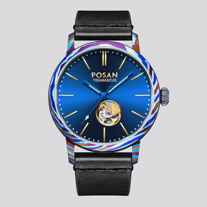 POSAN Watch PSW-002G Open-Heart Gradient Damascus Titanium Watch Timascus Case with Blue Dial & Leather Strap