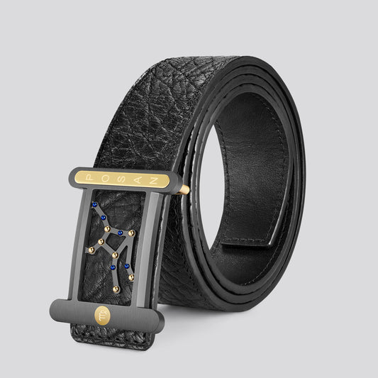 POSAN Belt PSB-001 Wild Cowhide Zodiac Plate Buckle Belt with Titanium & Black-Gold Electroplated Finish