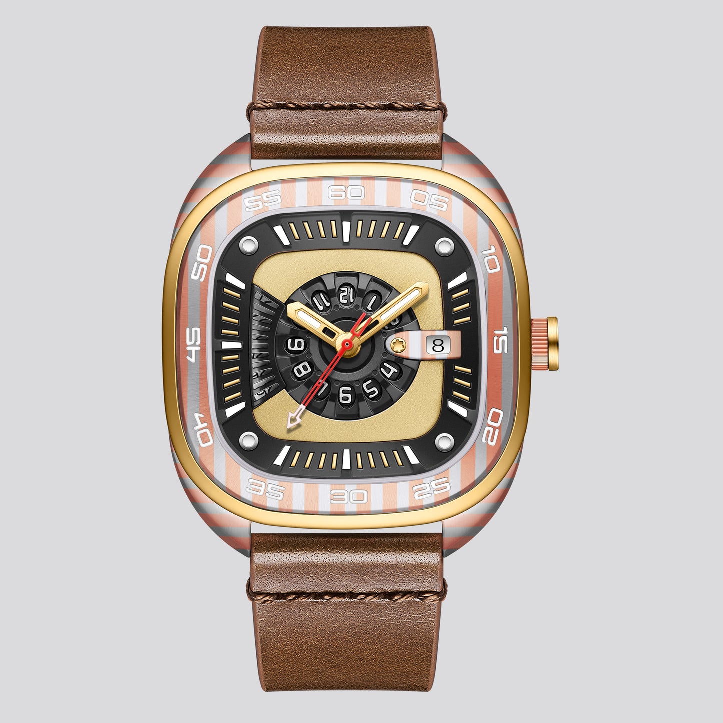 POSAN Watch PSW-008G Barrel-Shaped Damascus Titanium Watch with Spherical Sapphire Crystal & Open-Heart SW200 Movement