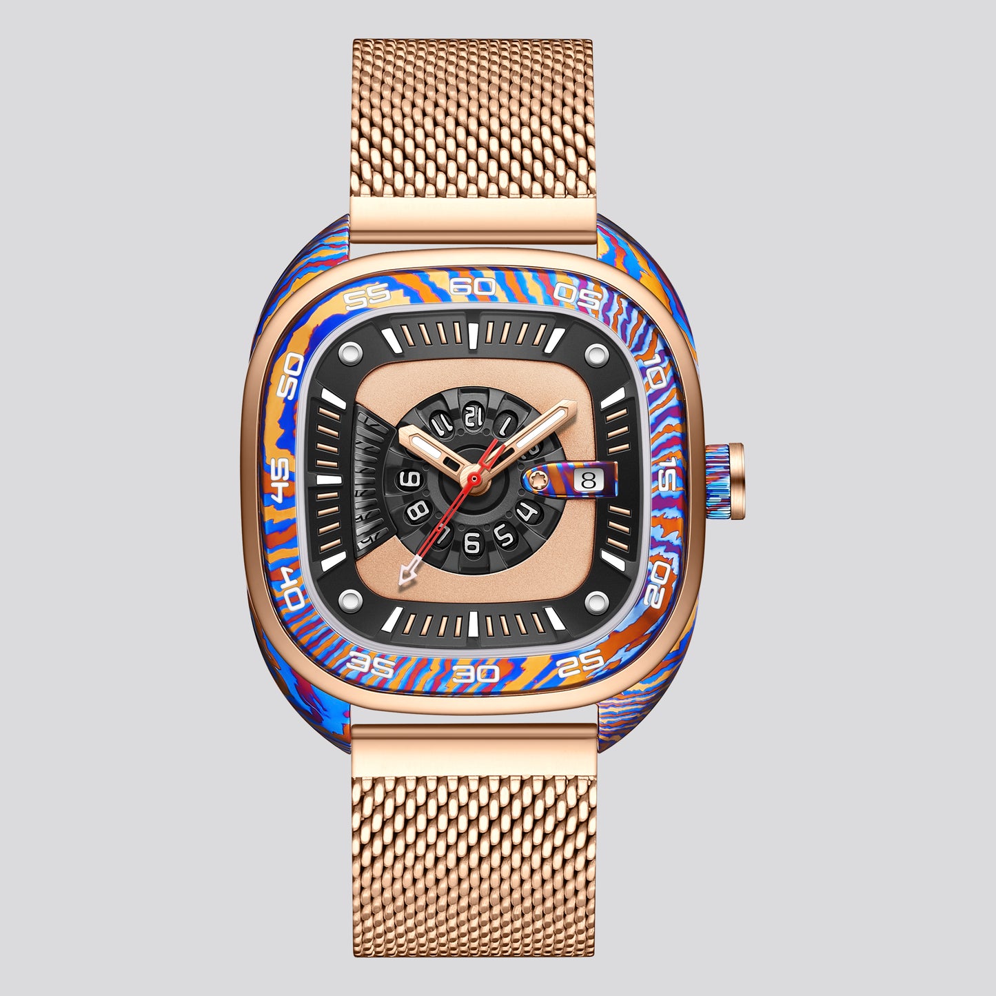POSAN Watch PSW-008G Barrel-Shaped Damascus Titanium Watch with Spherical Sapphire Crystal & Open-Heart SW200 Movement