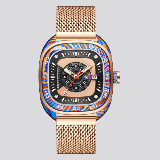 POSAN Watch PSW-008G Barrel-Shaped Damascus Titanium Watch with Spherical Sapphire Crystal & Open-Heart SW200 Movement