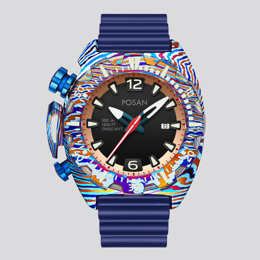POSAN Watch PSW-009G 50ATM Titanium Diver Watch with Spherical Sapphire Crystal, Textured Case & Screw-Down Crown