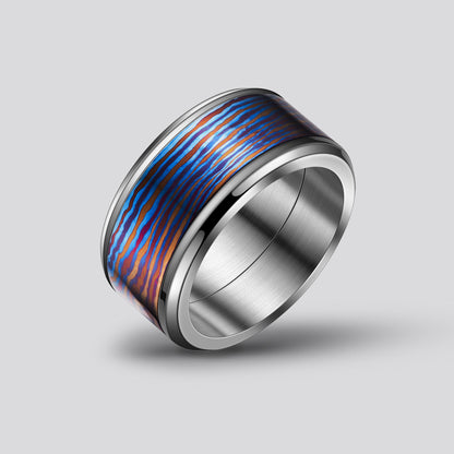 POSAN Ring PSR-001(silver color)Gradient Damascus Titanium Ring Timascus Handcrafted Rainbow IPH Technology with Brushed Titanium Core