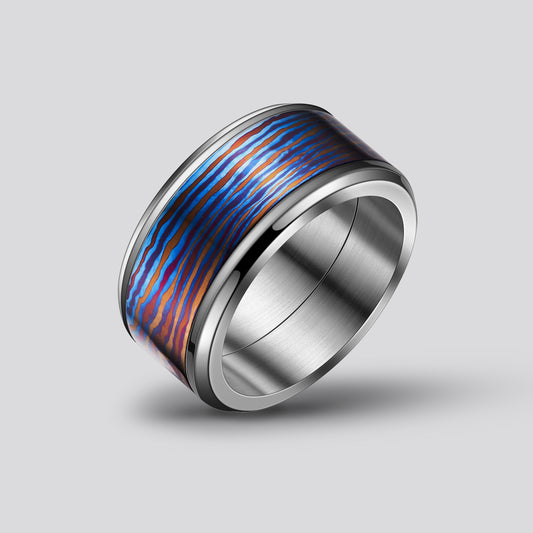 POSAN Ring PSR-001(silver color)Gradient Damascus Titanium Ring Timascus Handcrafted Rainbow IPH Technology with Brushed Titanium Core