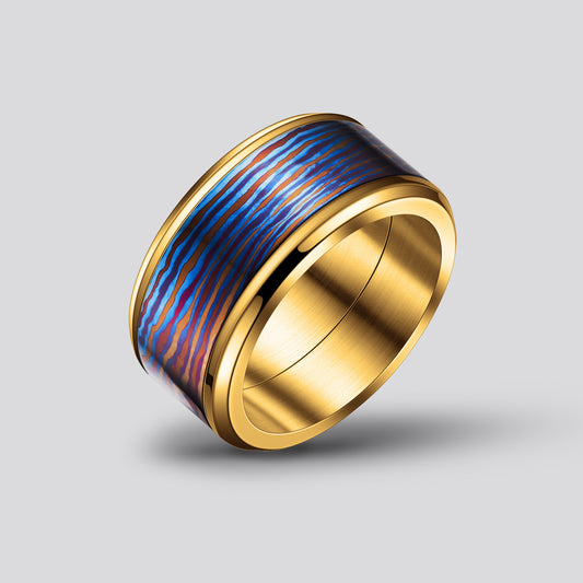 POSAN Ring PSR-001(gold color)Gradient Damascus Titanium Ring Timascus Handcrafted Rainbow IPH Technology with Brushed Titanium Core