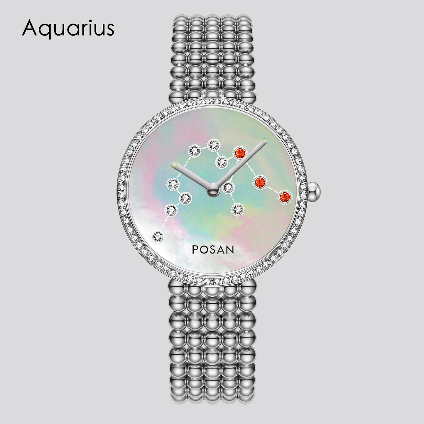 POSAN Watch PSW-001C Classic Zodiac Quartz Watch with Pearl Shell Dial, Gem-Set Constellations & Stainless Steel Bead Bracelet